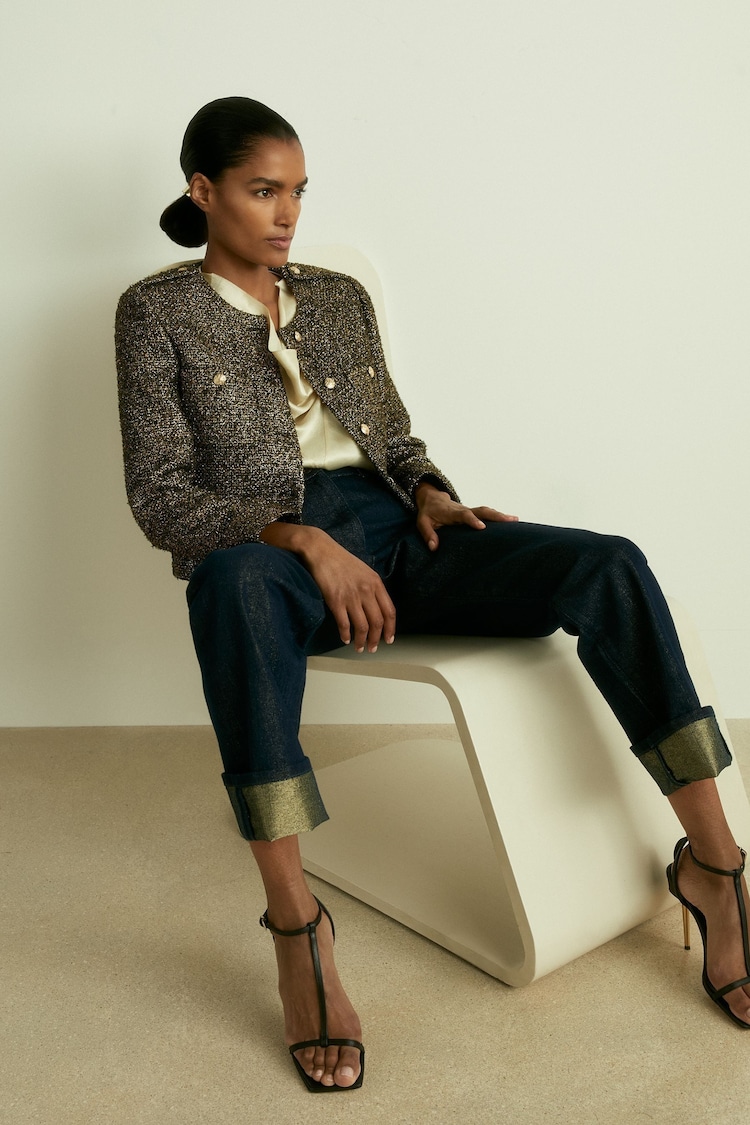 Reiss Gold Wynee Metallic Knit Cropped Jacket - Image 1 of 8