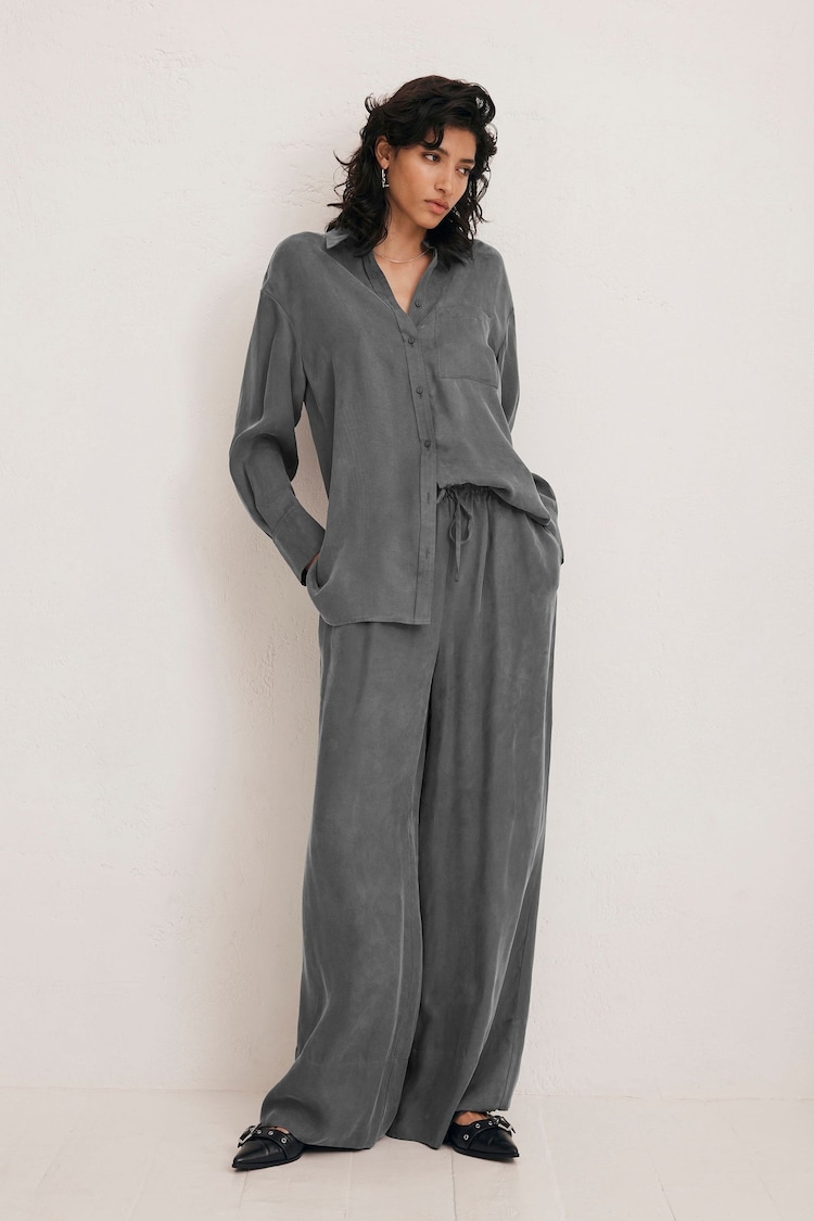 Mint Velvet Grey Drawstring Wide Trousers - Image 1 of 4