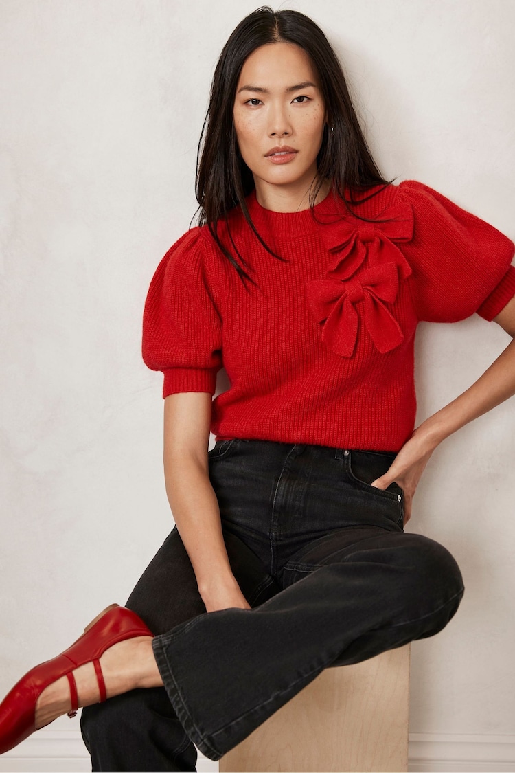 Mint Velvet Red Bow Detail Knitted Top - Image 1 of 4