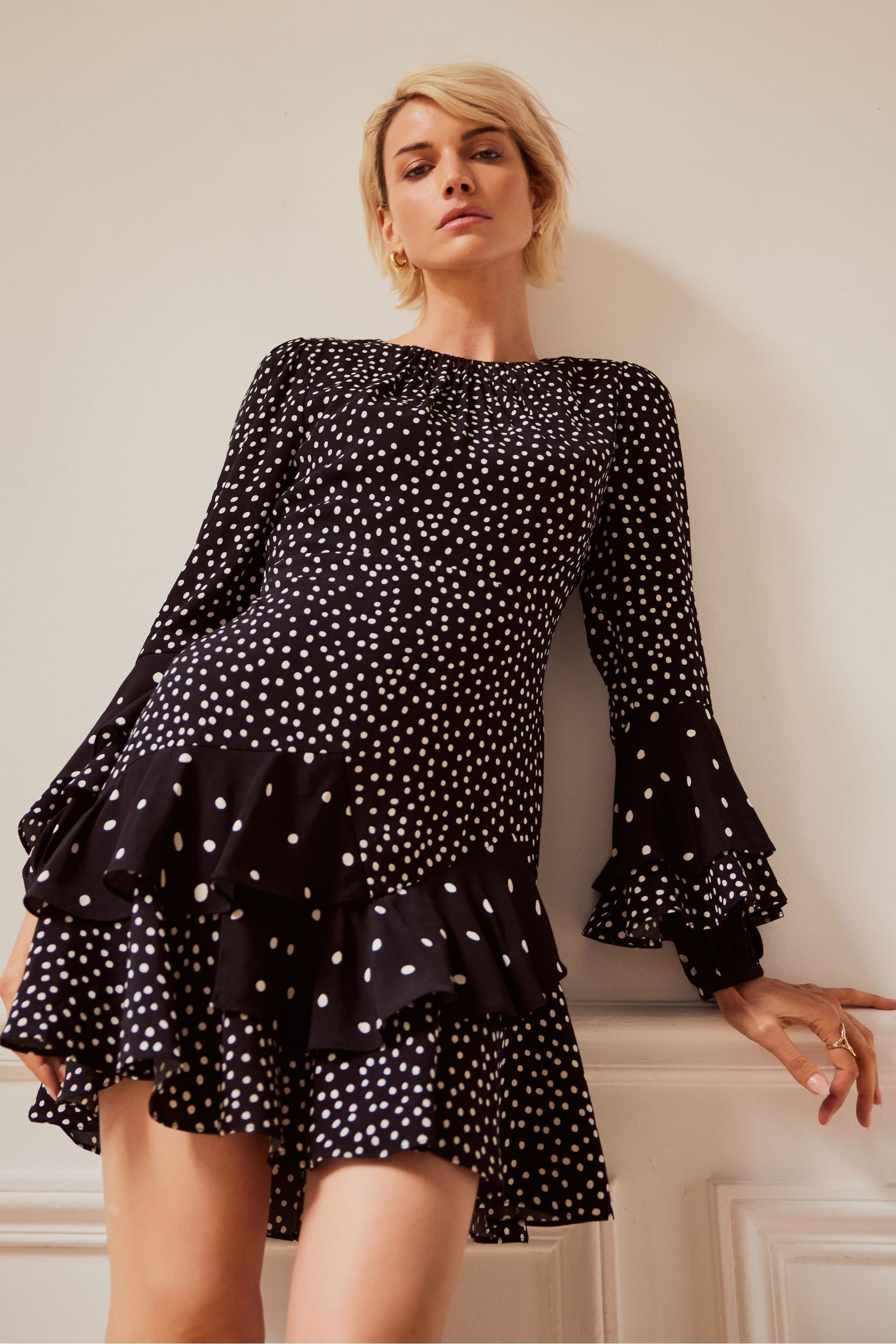 Polka dot dress ruffle deals
