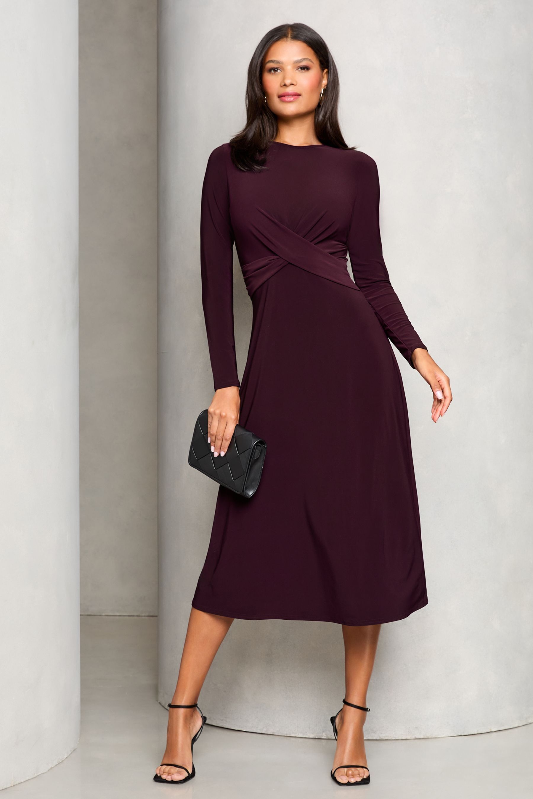 Lipsy Burgundy Red Long Sleeve Cross Front Midi Dress