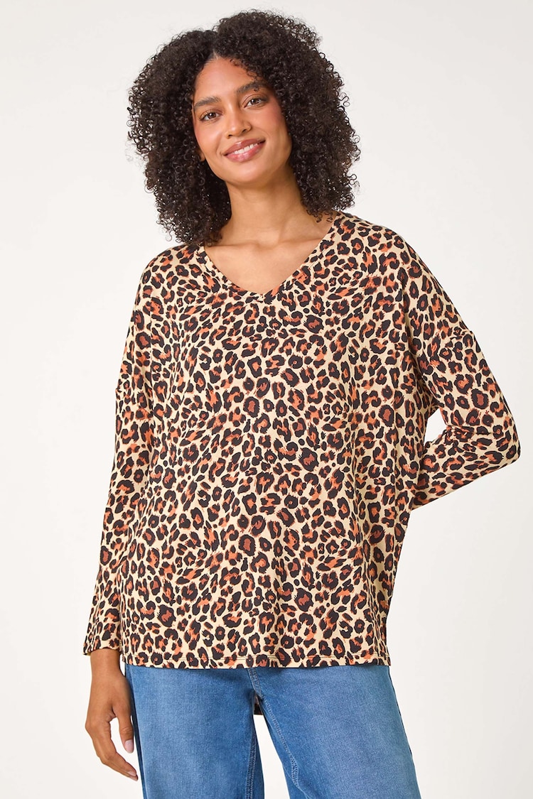 Roman Natural Animal Print V-Neck Tunic Stretch Top - Image 1 of 5