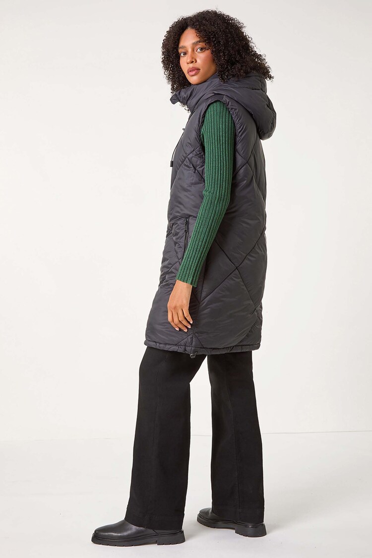 Roman Black Padded Longline Hooded Gilet - Image 2 of 5