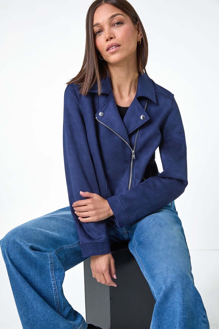 Roman Blue Faux Suede Biker Jacket - Image 1 of 5