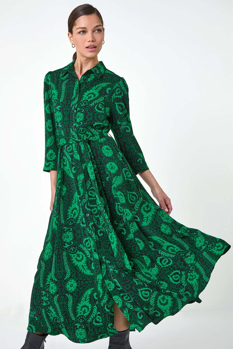 Roman Green Floral Leaf Print Midi Shirt Dress - Image 2 of 5