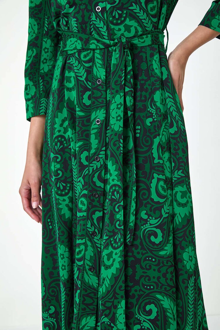 Roman Green Floral Leaf Print Midi Shirt Dress - Image 5 of 5