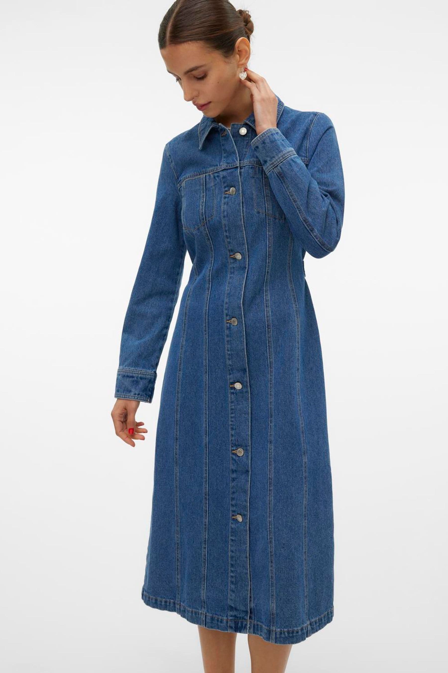 VERO MODA Blue Fitted Denim 100 Cotton Shirt Dress Womens