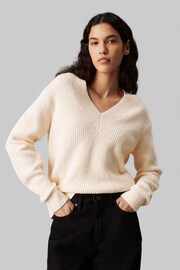 Calvin Klein Natural Relaxed Boucle Rib V-Neck Jumper - Image 1 of 4