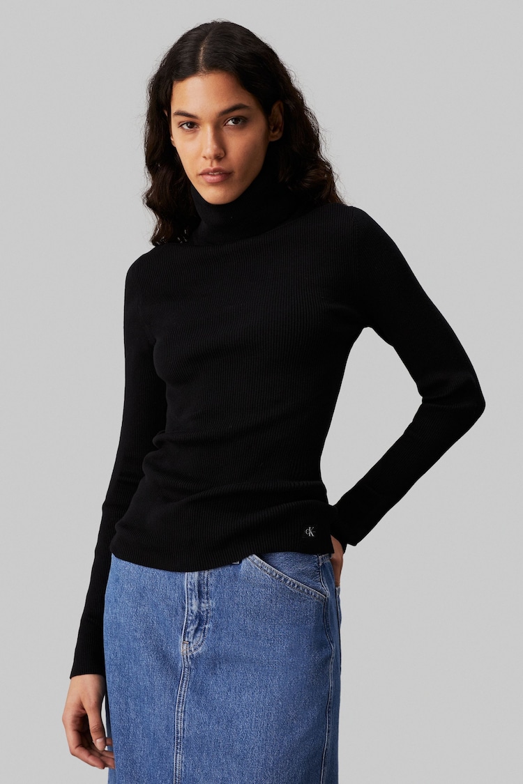 Calvin Klein Black Woven Label Roll Neck Jumper - Image 1 of 1