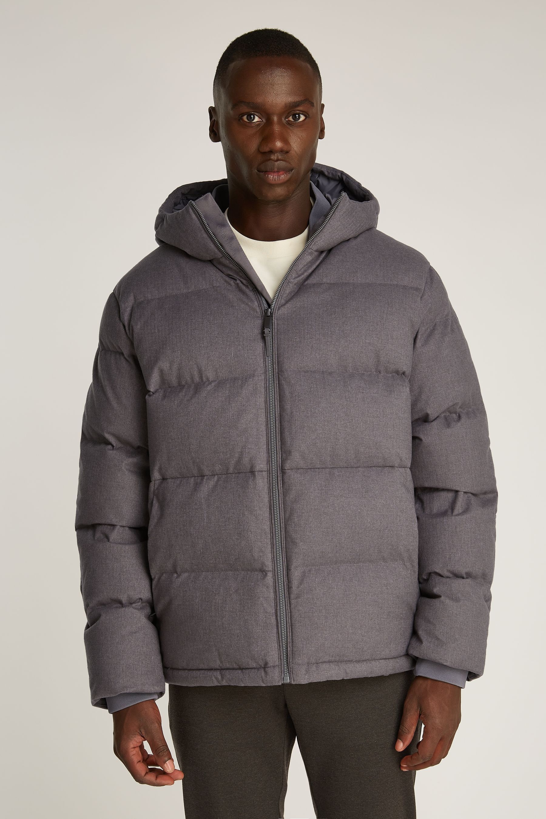 Grey hooded puffer jacket store
