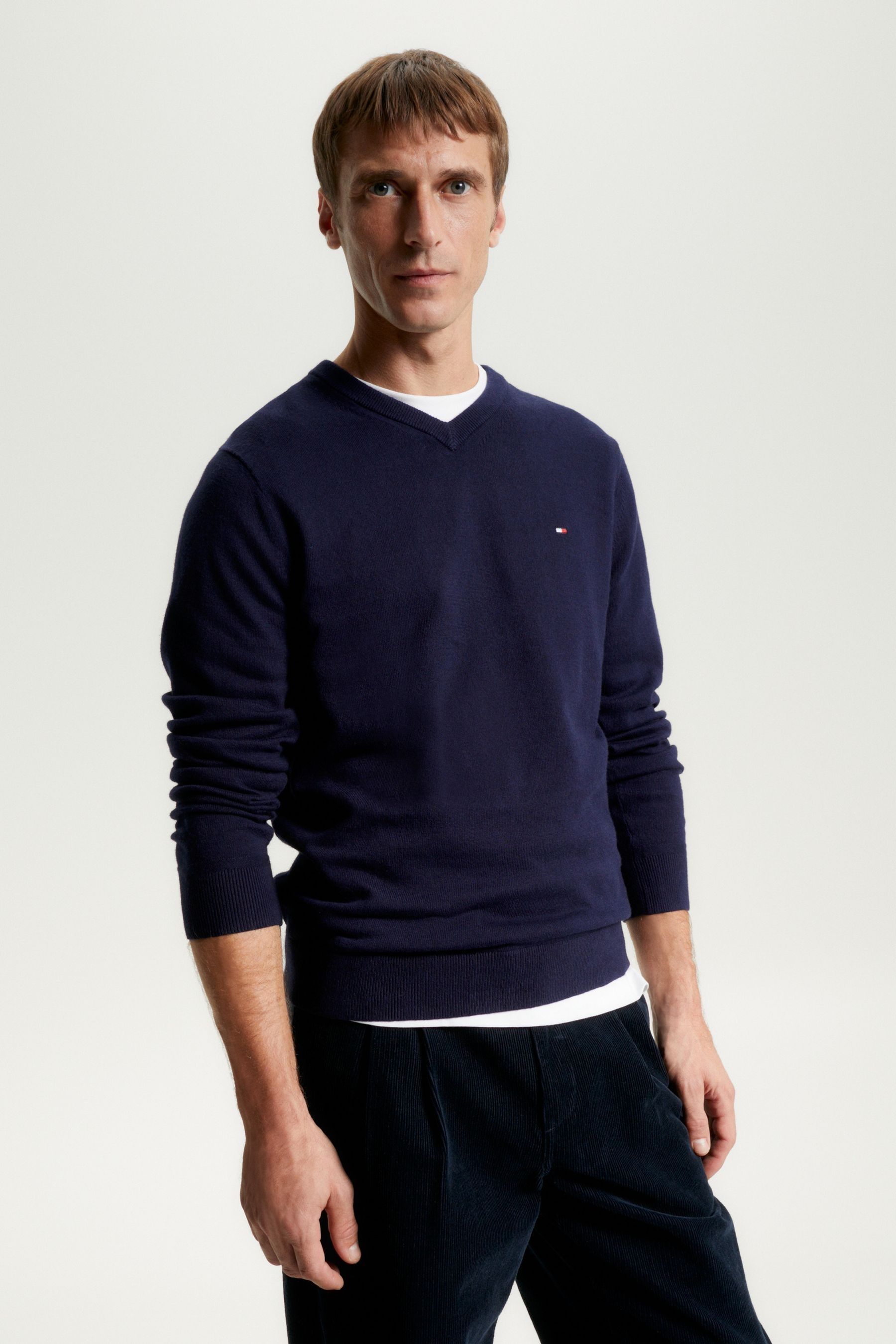 Tommy Hilfiger Organic Pima Cotton Cashmere V Neck Black Sweater BLUE Mens