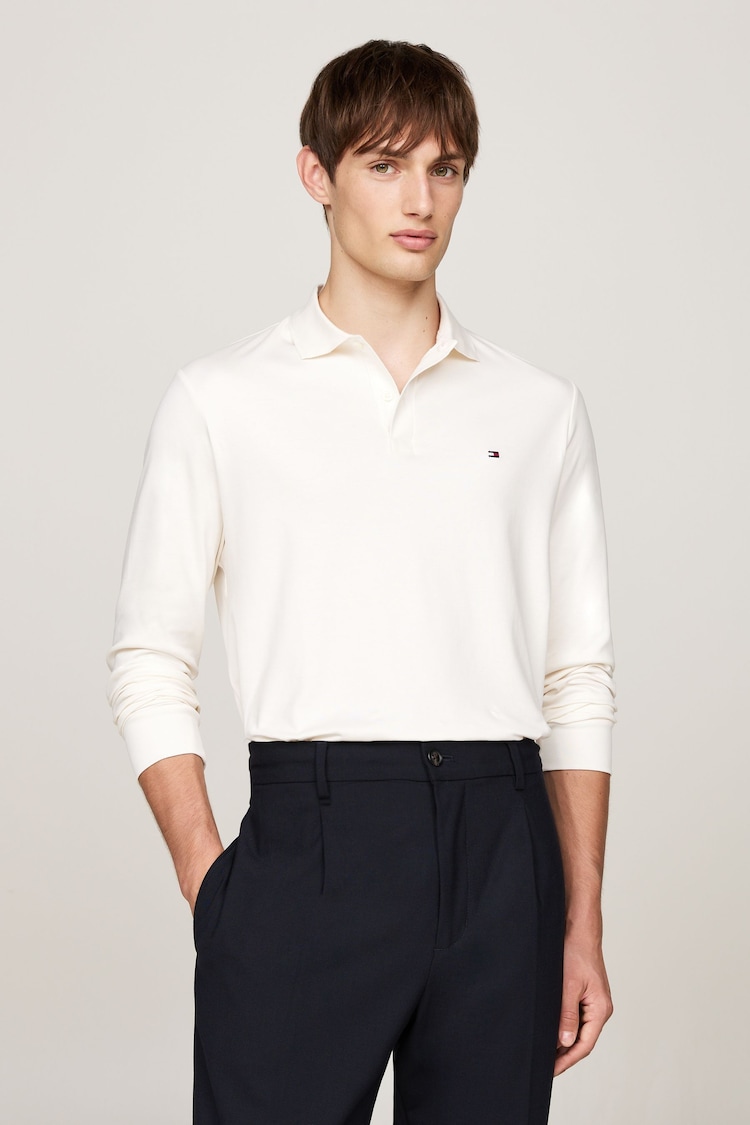 Tommy Hilfiger Cream Regular Fit Long-Sleeved Liquid Cotton 100% Cotton Polo Shirt - Image 1 of 6