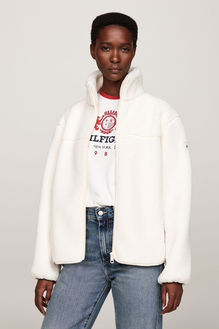 Tommy Hilfiger White Tommy Hilfiger Regular Fit Teddy Zip up White Jacket - Image 1 of 5