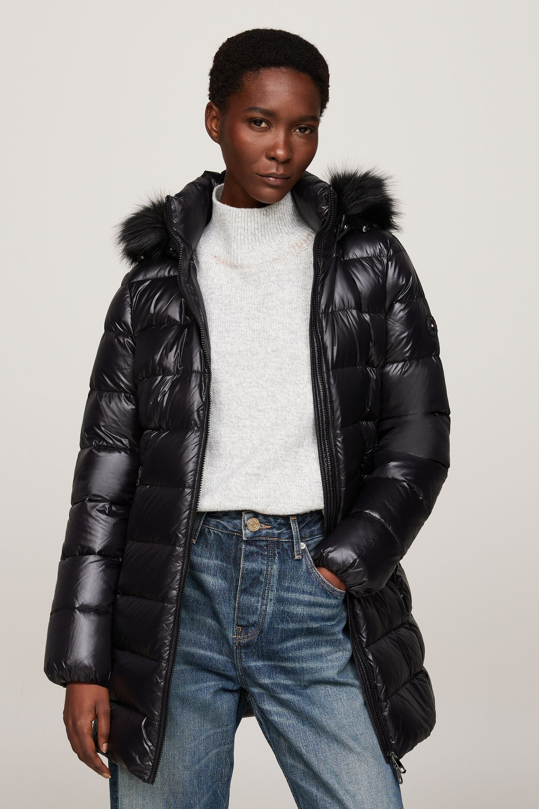 Tommy Hilfiger Black Tommy Hilfiger Gloss Down Tyra Brown Coat With Faux Fur
