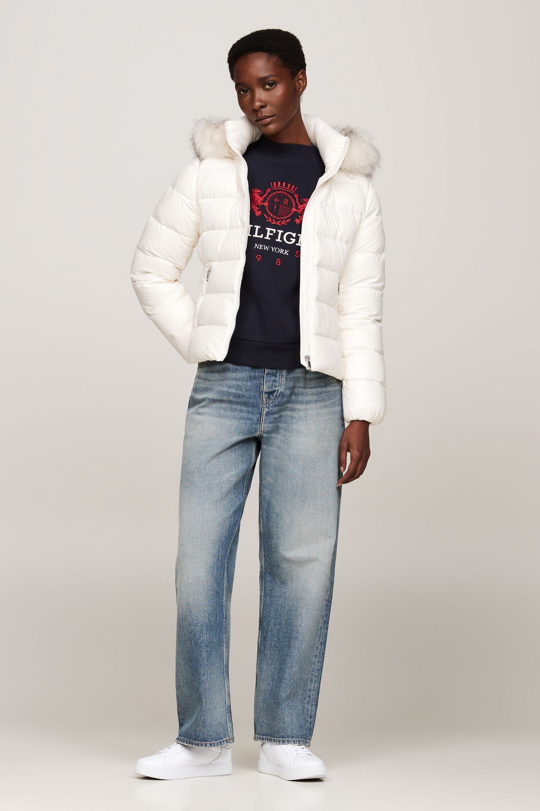 Tommy Hilfiger Tyra Gloss Down White Jacket With Faux Fur