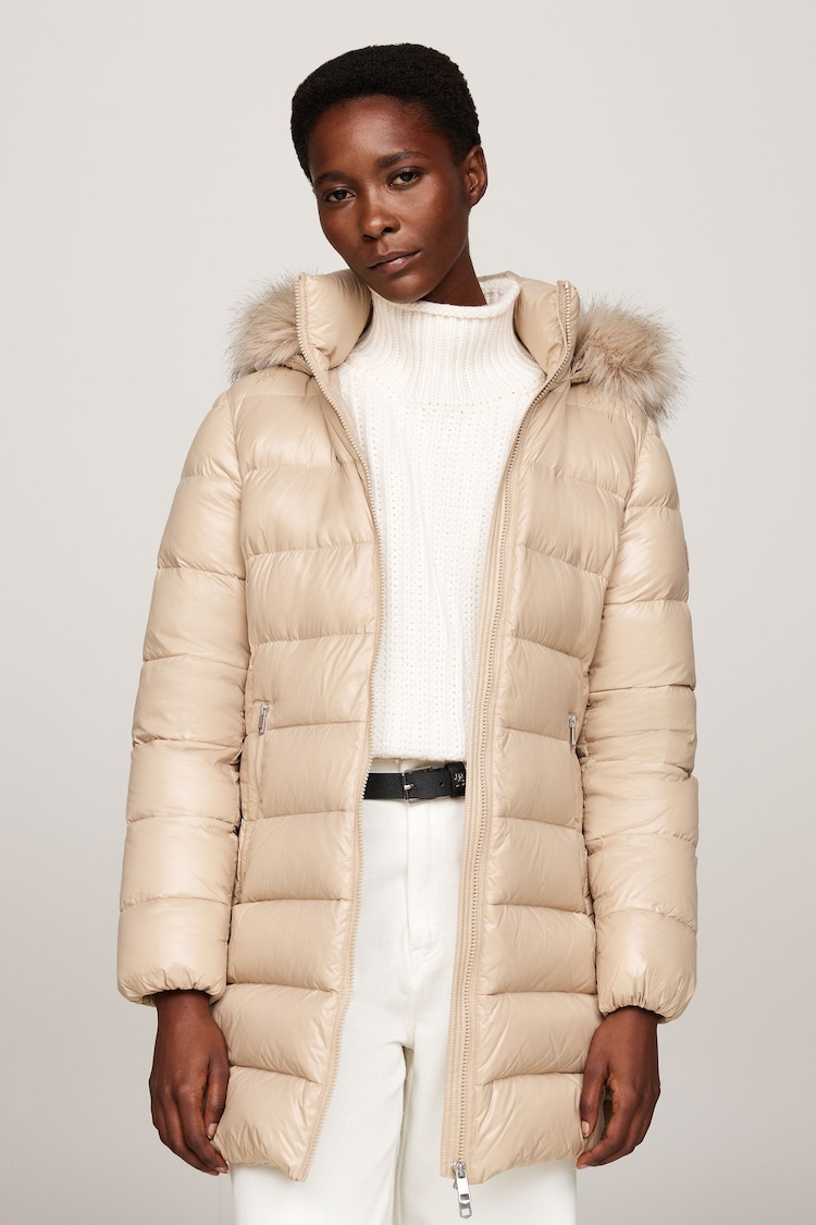 Tommy Hilfiger Brown Tommy Hilfiger Gloss Down Tyra Brown Coat With Faux Fur - Image 1 of 5