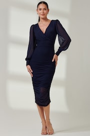 Jolie Moi Blue Long Sleeve Ruched Mesh Midi Dress - Image 4 of 6