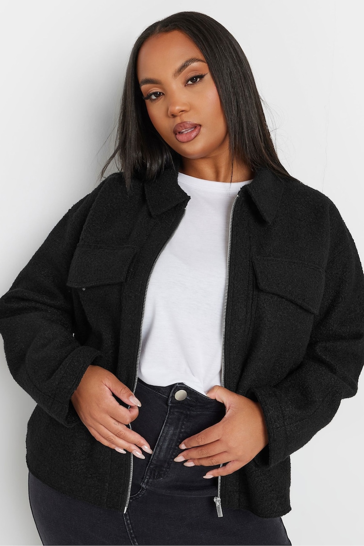 Yours Curve Black Wool Cropped Centre Front Jacket - Image 1 of 5