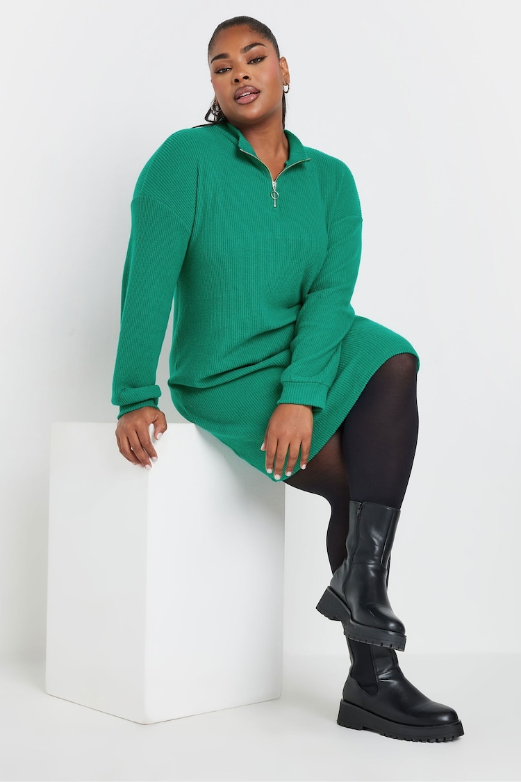 Yours Curve Green Soft Touch Zip Neck Jumper Dress - Image 2 of 4