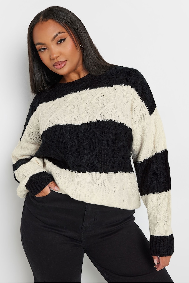 Yours Curve Black Cable Stripe Mix Jumper - Image 2 of 5