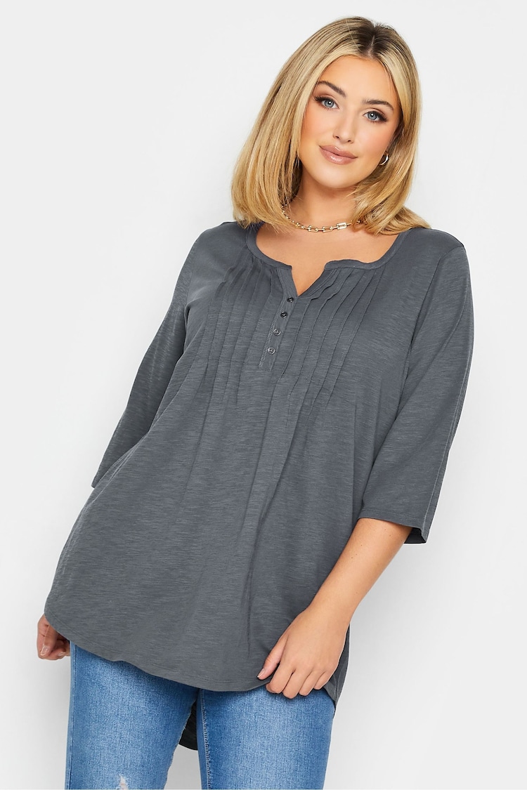 Yours Curve Grey Pintuck Button Henley T-Shirt - Image 1 of 4