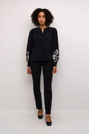 Kaffe KAnatali V-Notch Neck Embroidery 100% Cotton Black Shirt - Image 3 of 5