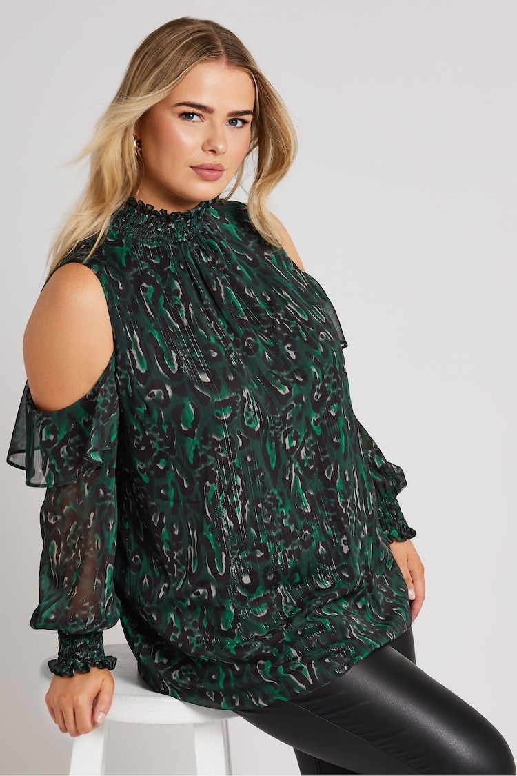 Yours Curve Green London Cold Shoulder Shirred Detail Blouse - Image 1 of 4