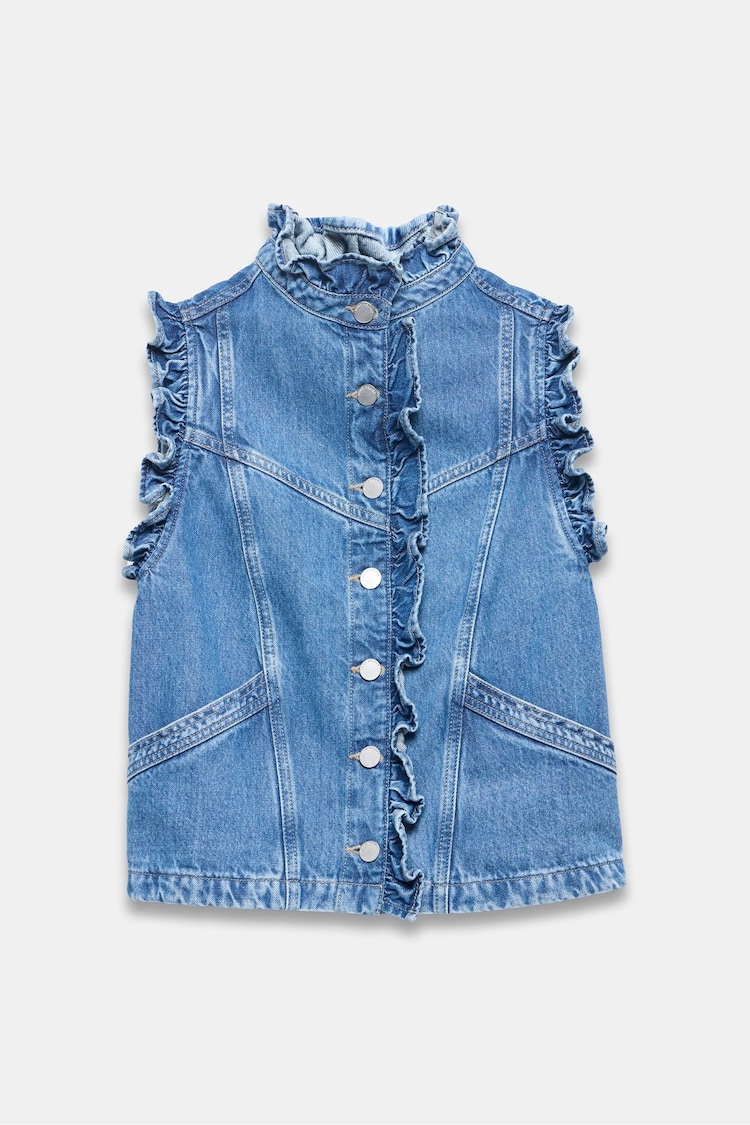 Mint Velvet Blue Denim Ruffle Gilet - Image 1 of 2