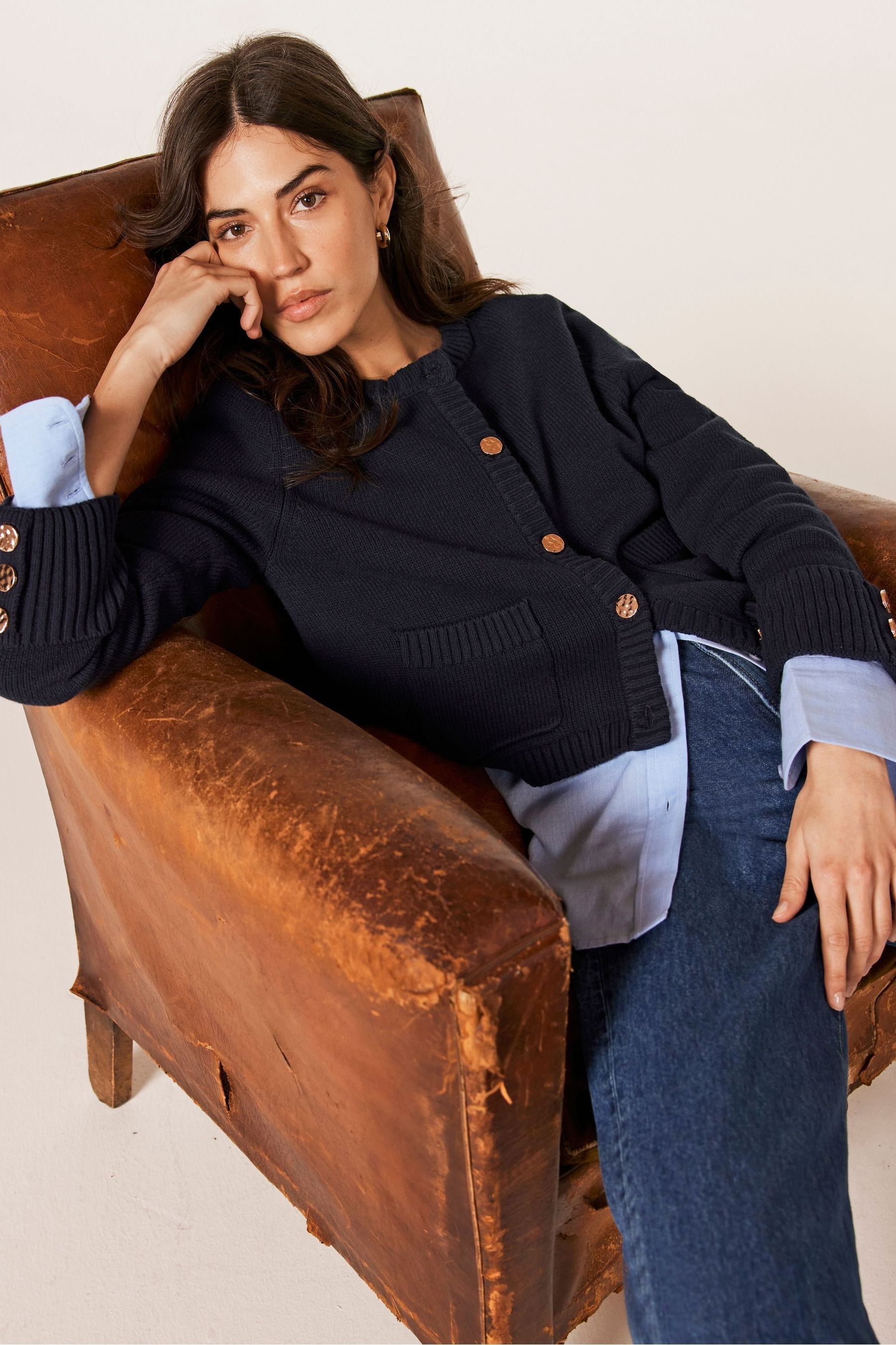 Mint Velvet Blue Navy Cotton Cropped Cardigan