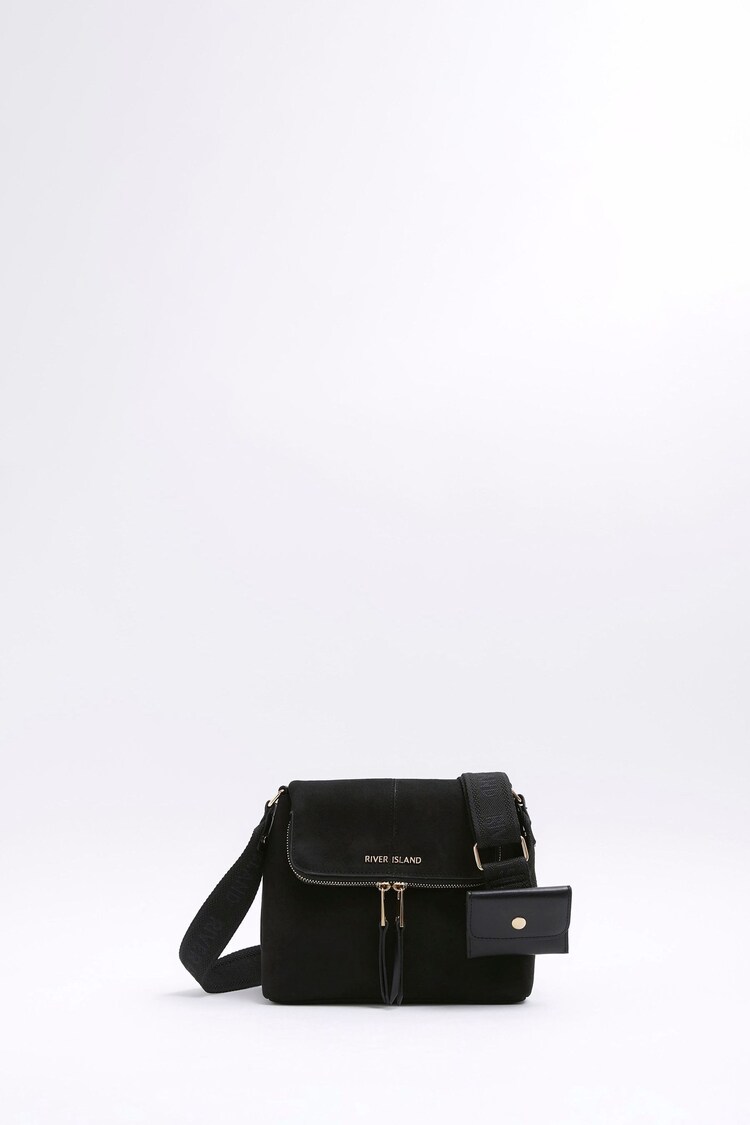 Buy River Island Black Suedette Zip Front Messenger Crossbody Bag from