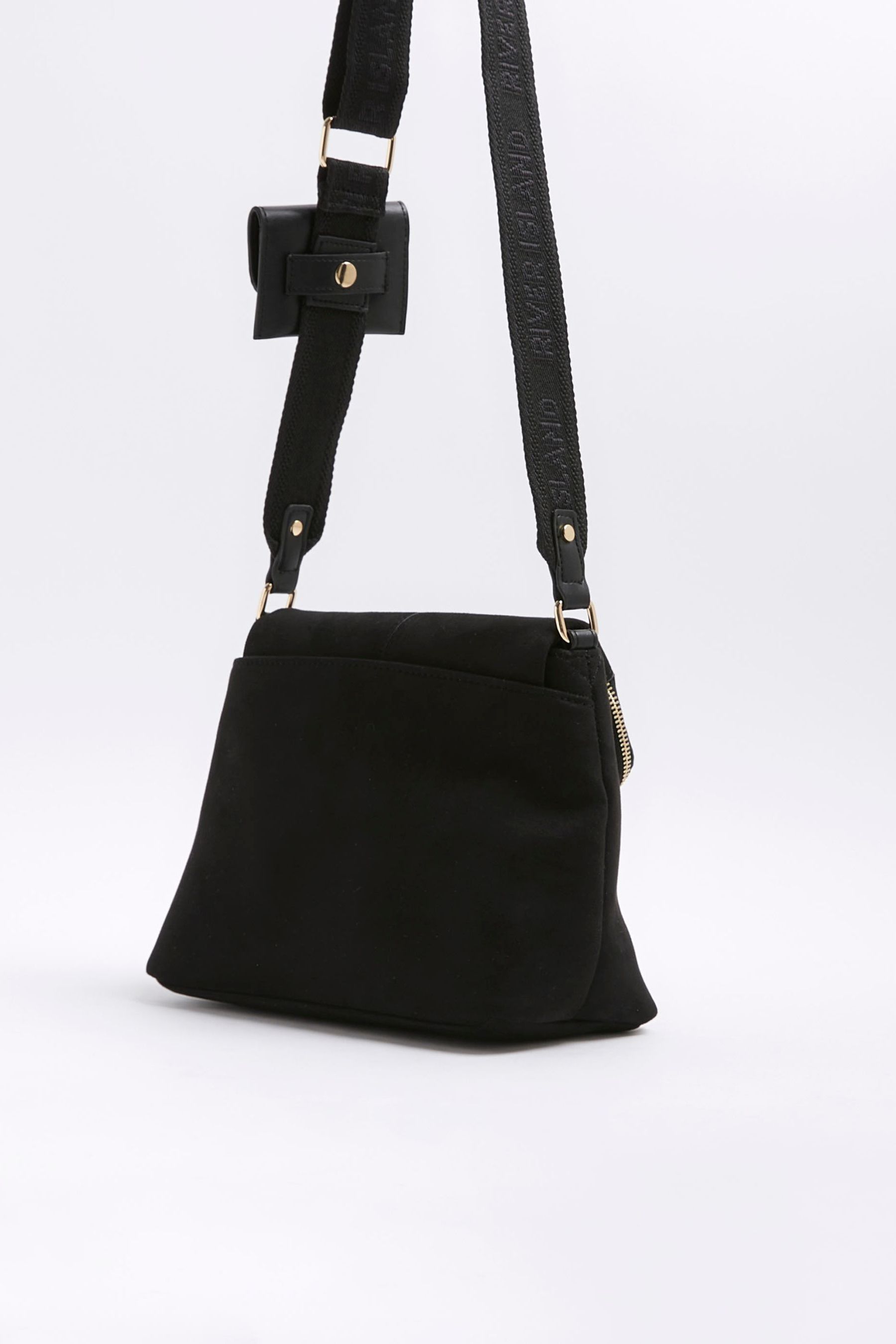 Buy River Island Black Suedette Zip Front Messenger Crossbody Bag from