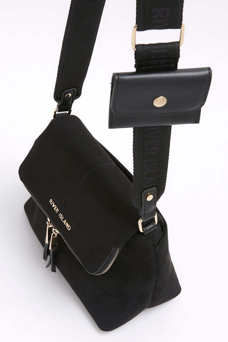 Buy River Island Black Suedette Zip Front Messenger Crossbody Bag from
