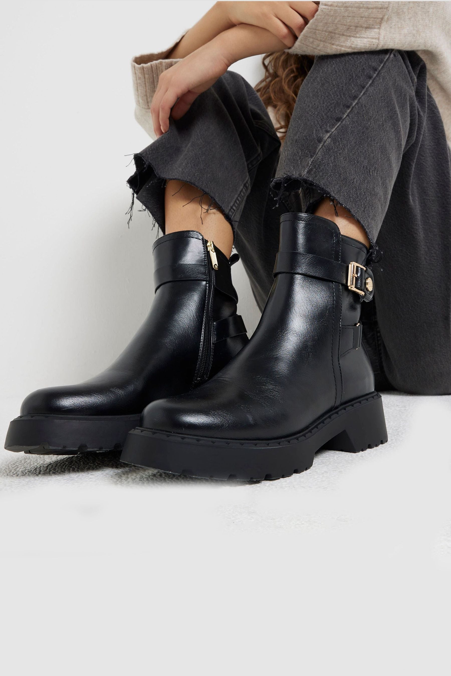 River island black chunky boots sale