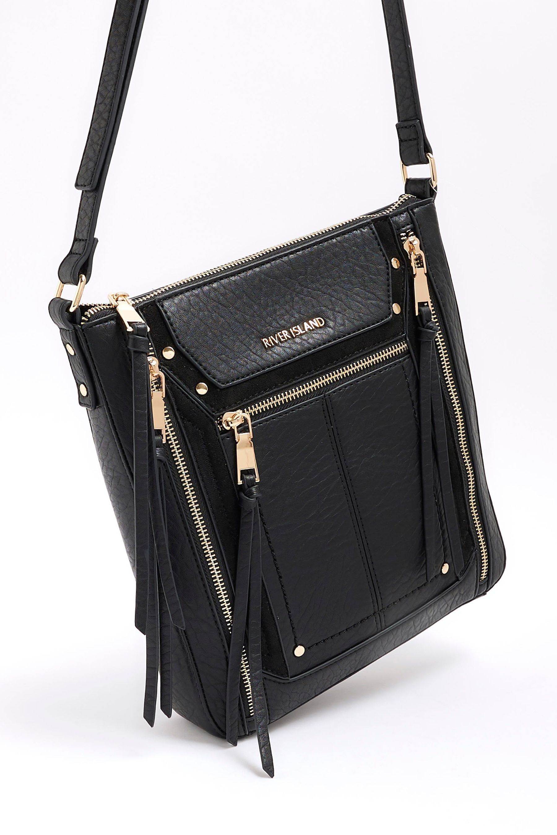River Island Black Panelled Zip Messenger Bag