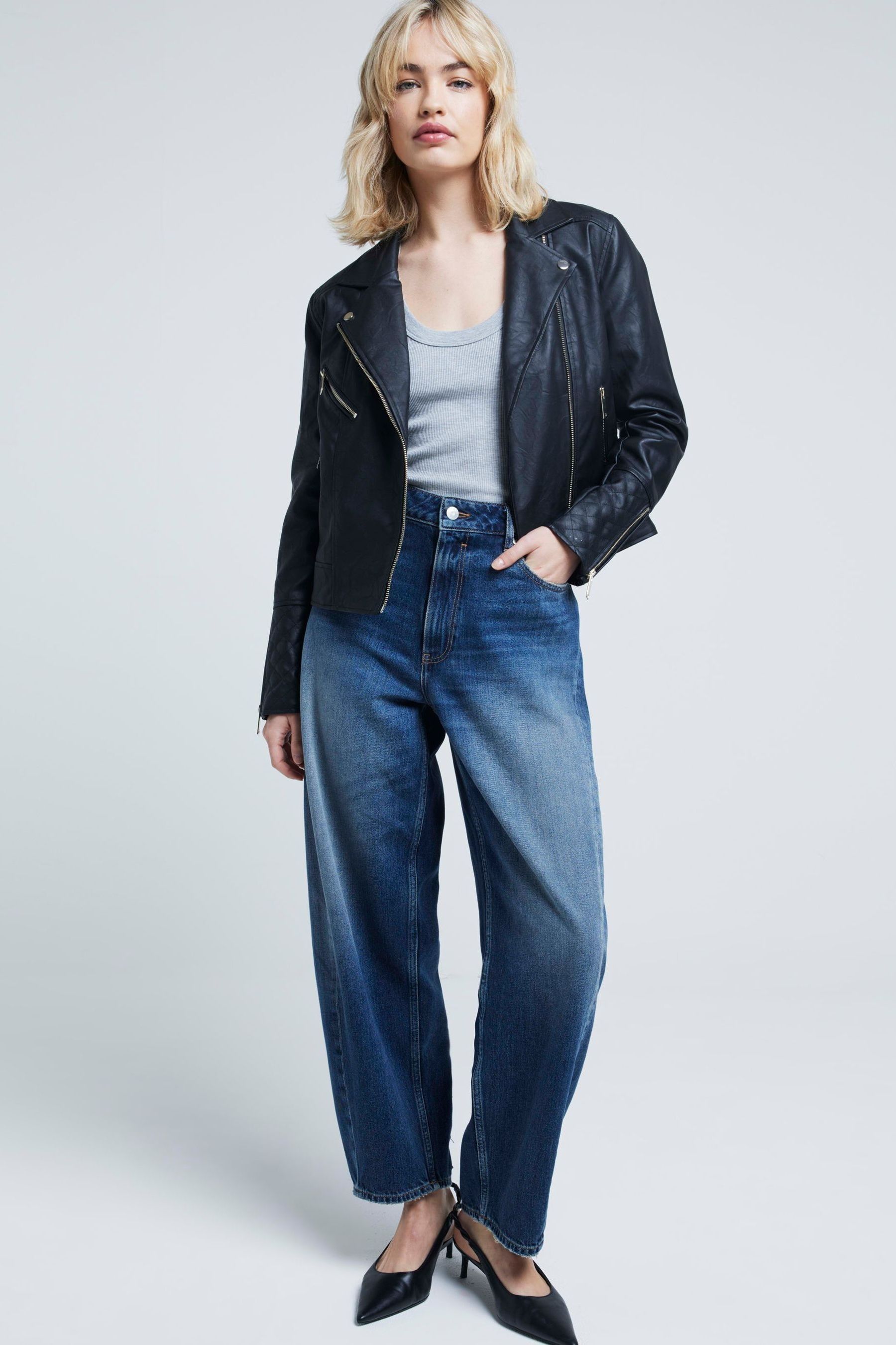 Buy River Island Black Quilted Faux Leather Biker Jacket from the Next UK online shop