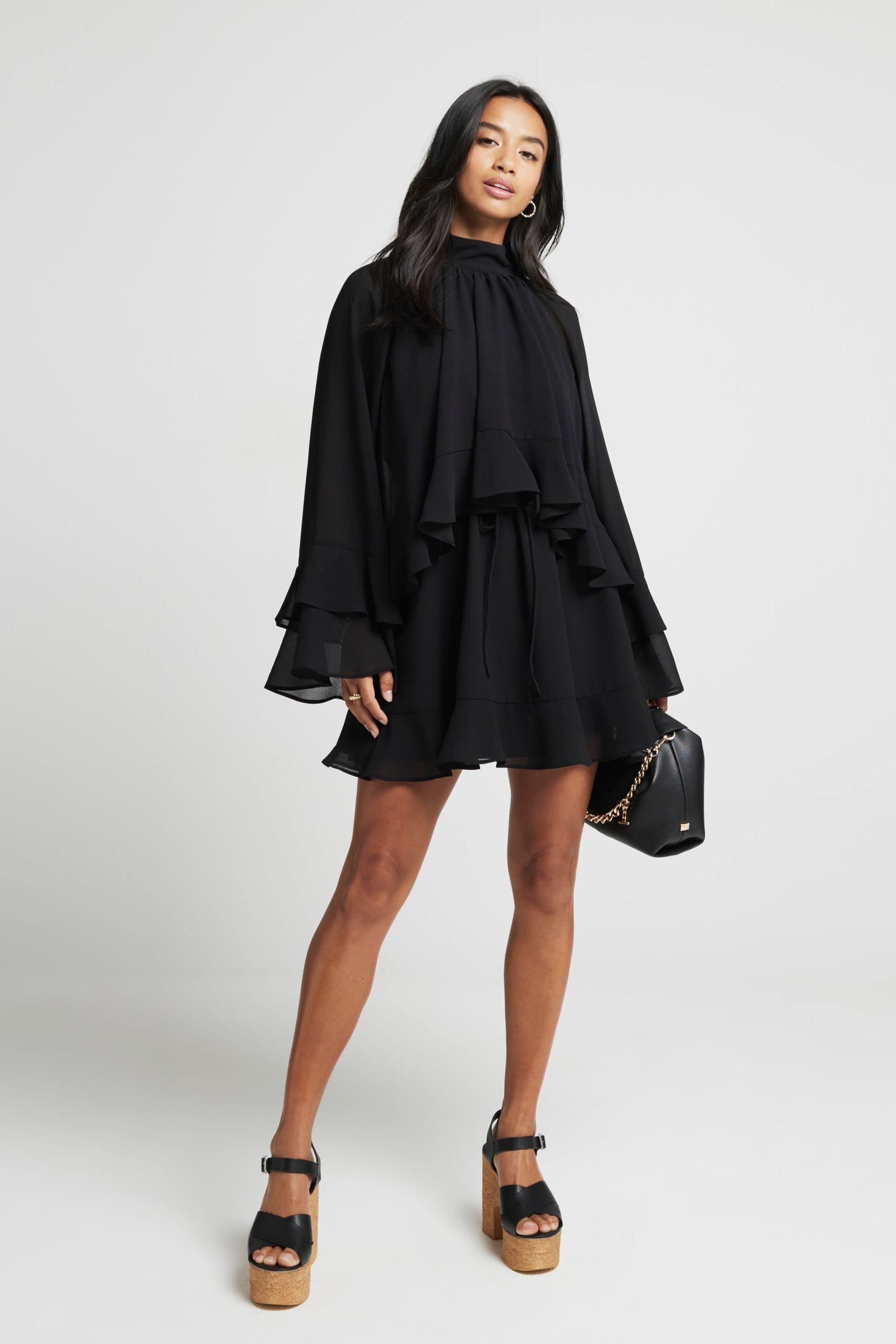 Buy River Island Black Mini Petite Layered Ruffle 100 Cotton Dress from the Next UK online shop