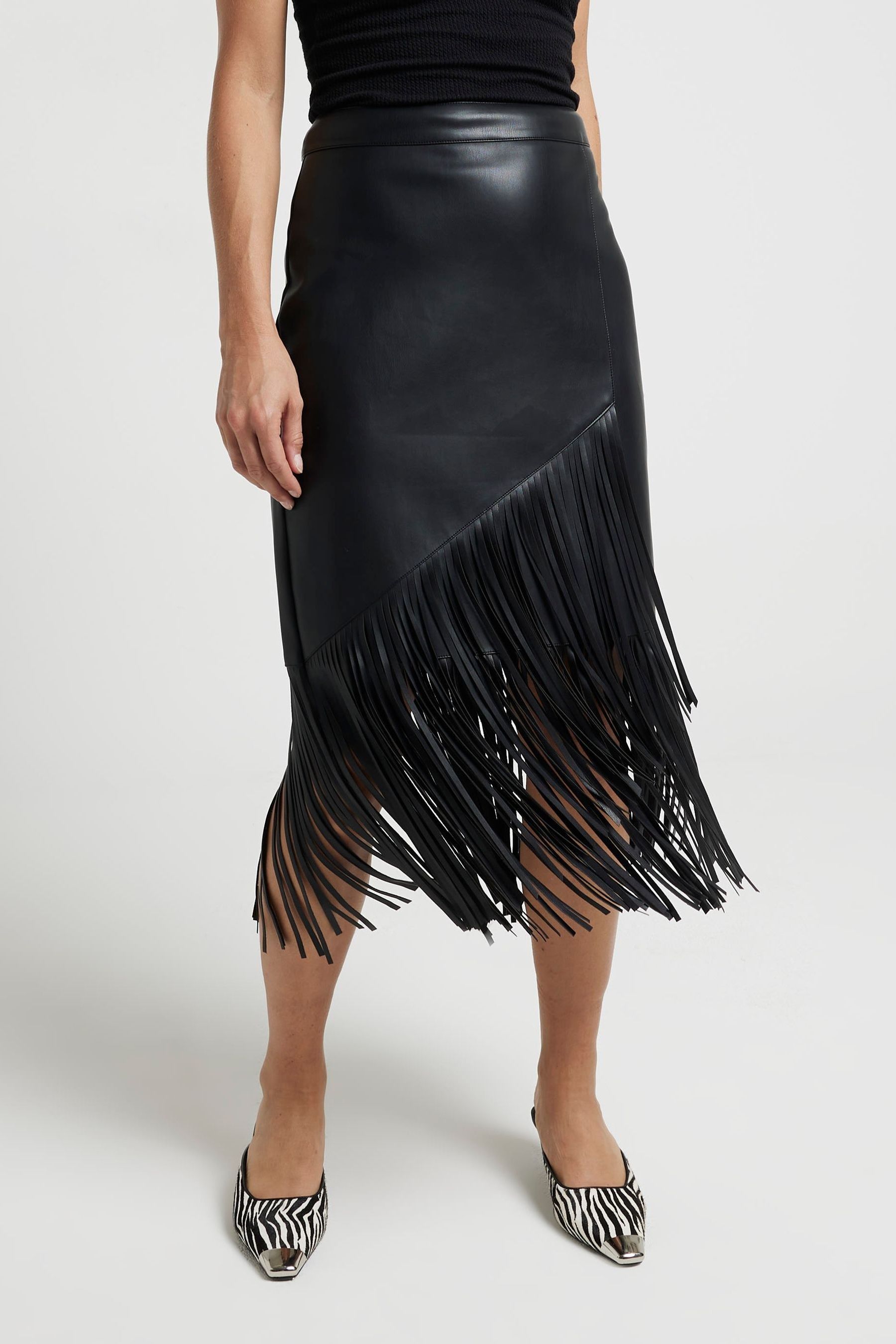 Buy River Island Black Assymentric Fringe Pencil Skirt from the Next UK online shop