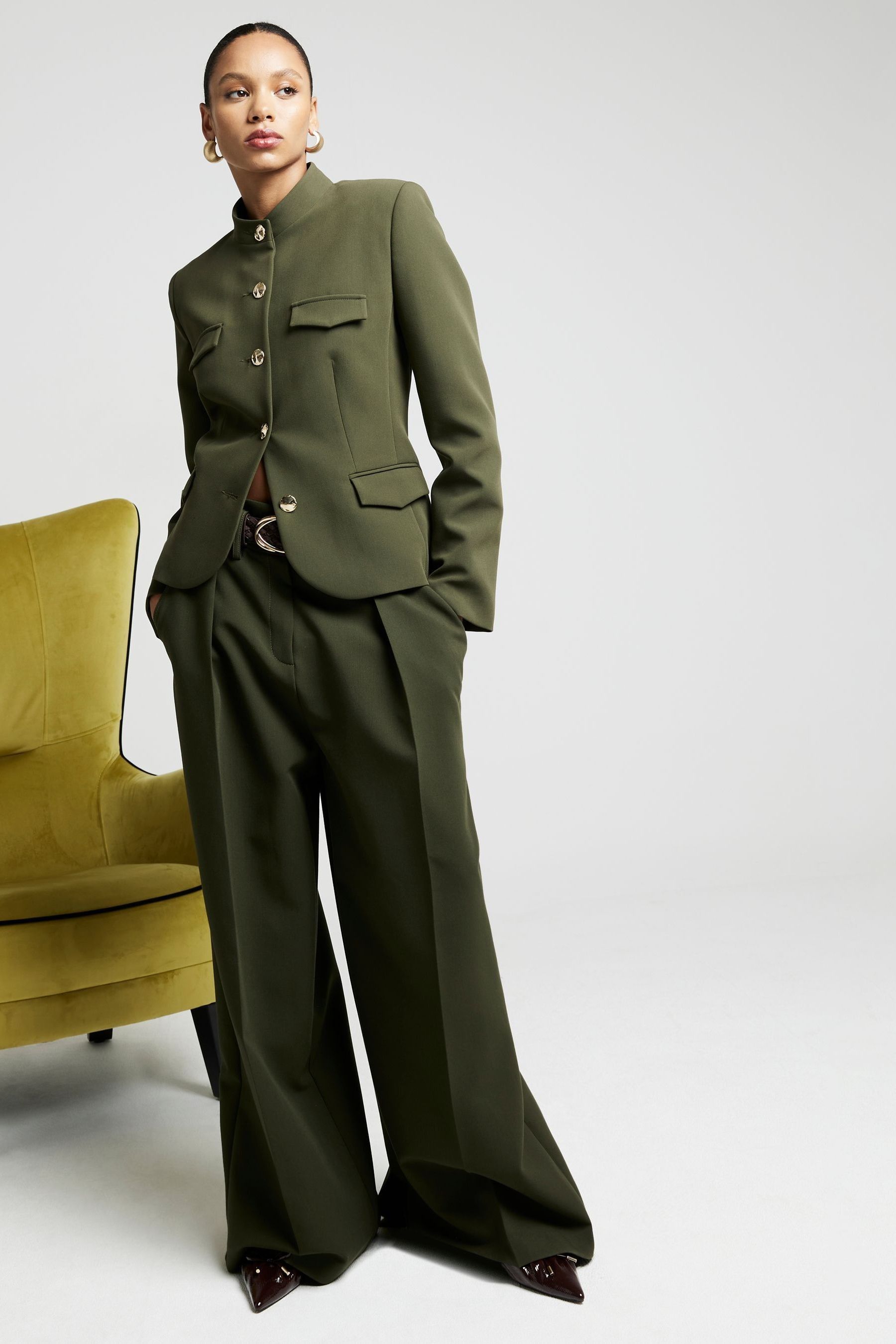 Buy River Island Green High Waisted Wide Leg Tailored Trousers from Next Luxembourg