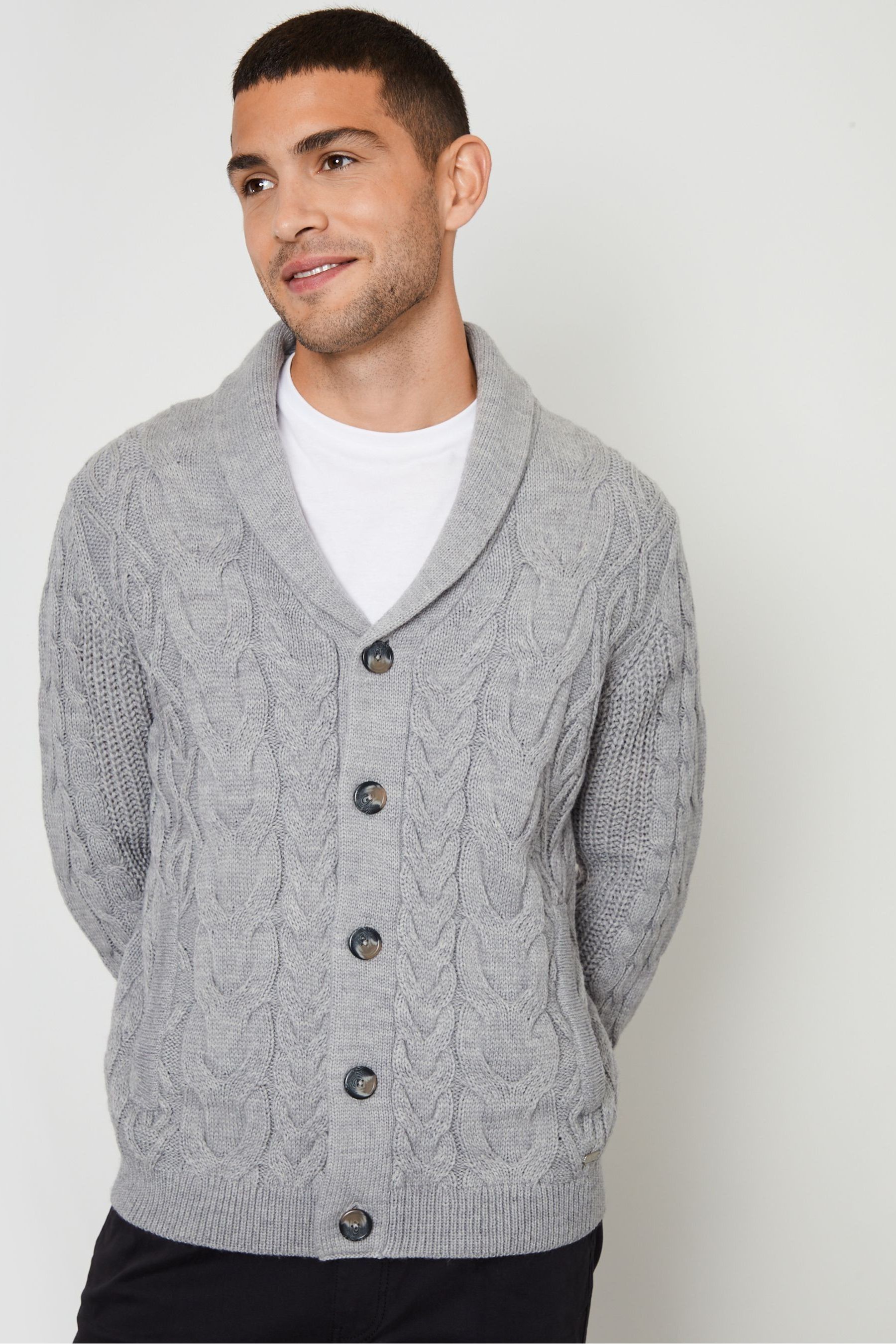 Men's grey cable knit cardigan discount