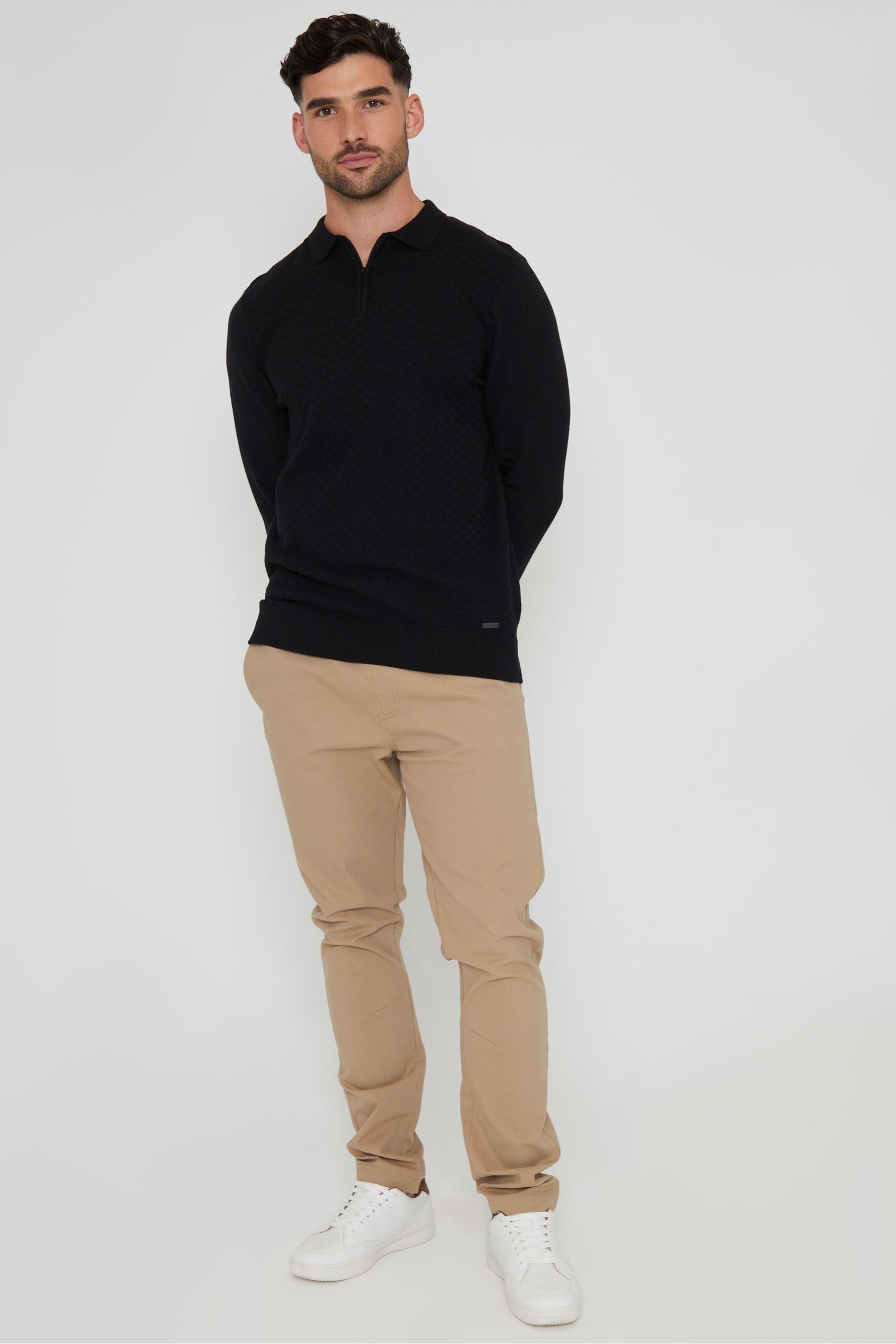 Threadbare Black Long Sleeve Quarter Zip Knitted Polo Jumper