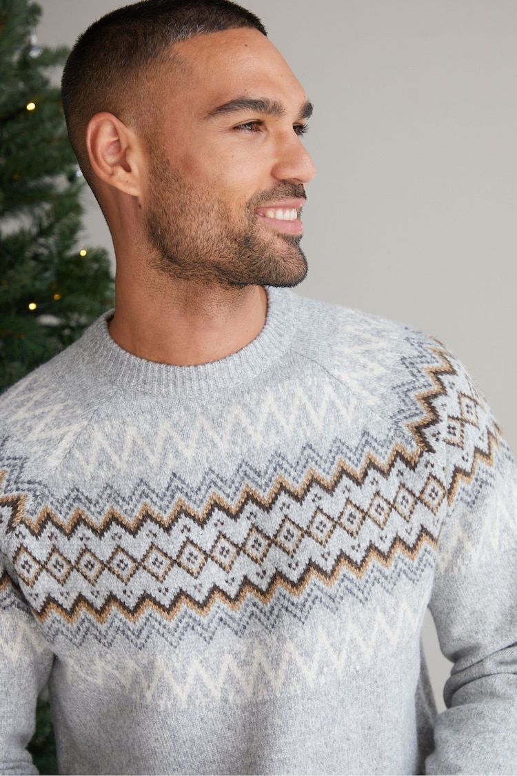 Threadbare Grey Raglan Sleeve Fairisle Pattern Christmas Jumper - Image 4 of 4