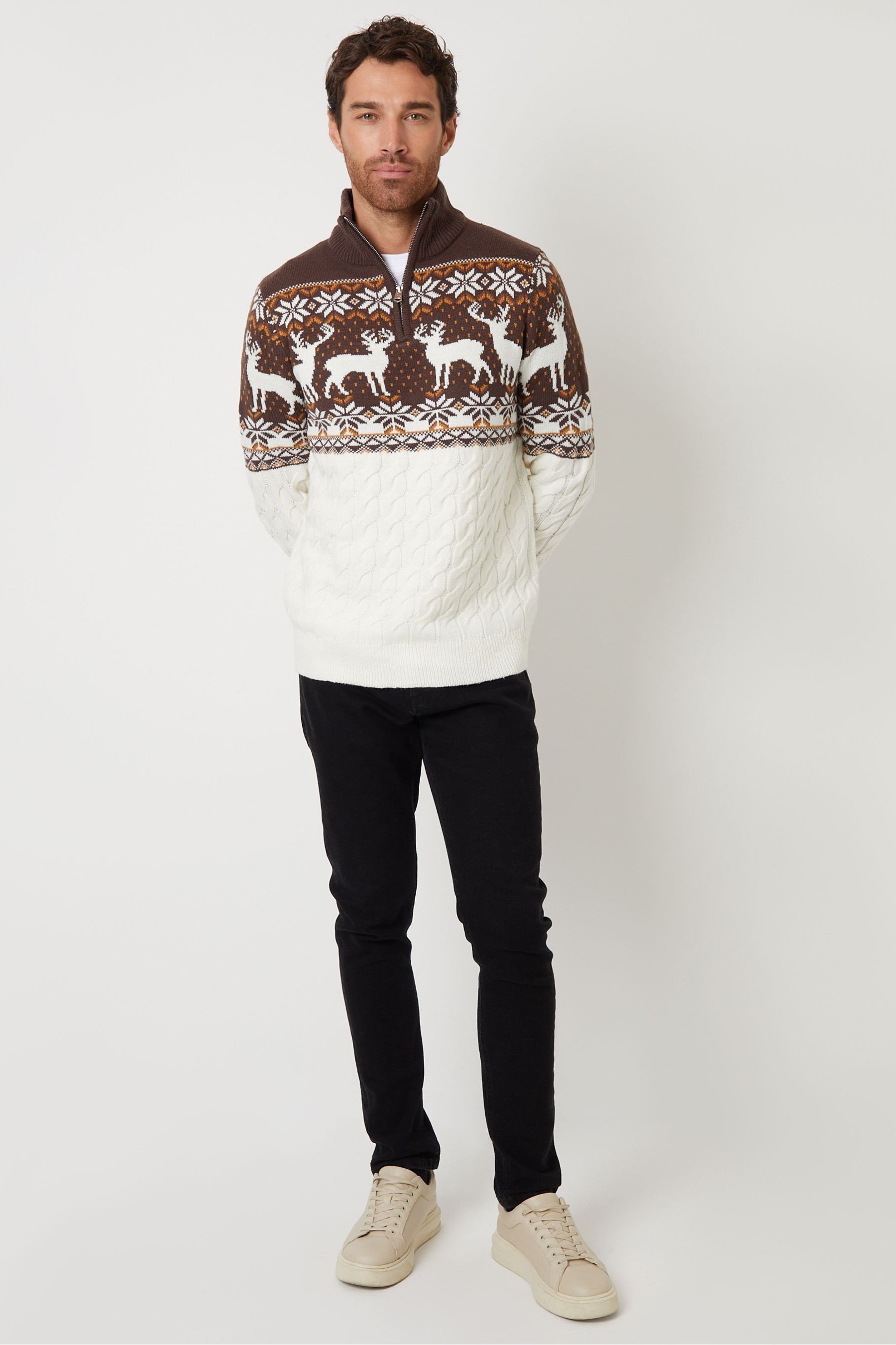 Buy Threadbare Brown Quarter Zip Christmas Knitted Jumper from the Next UK online shop