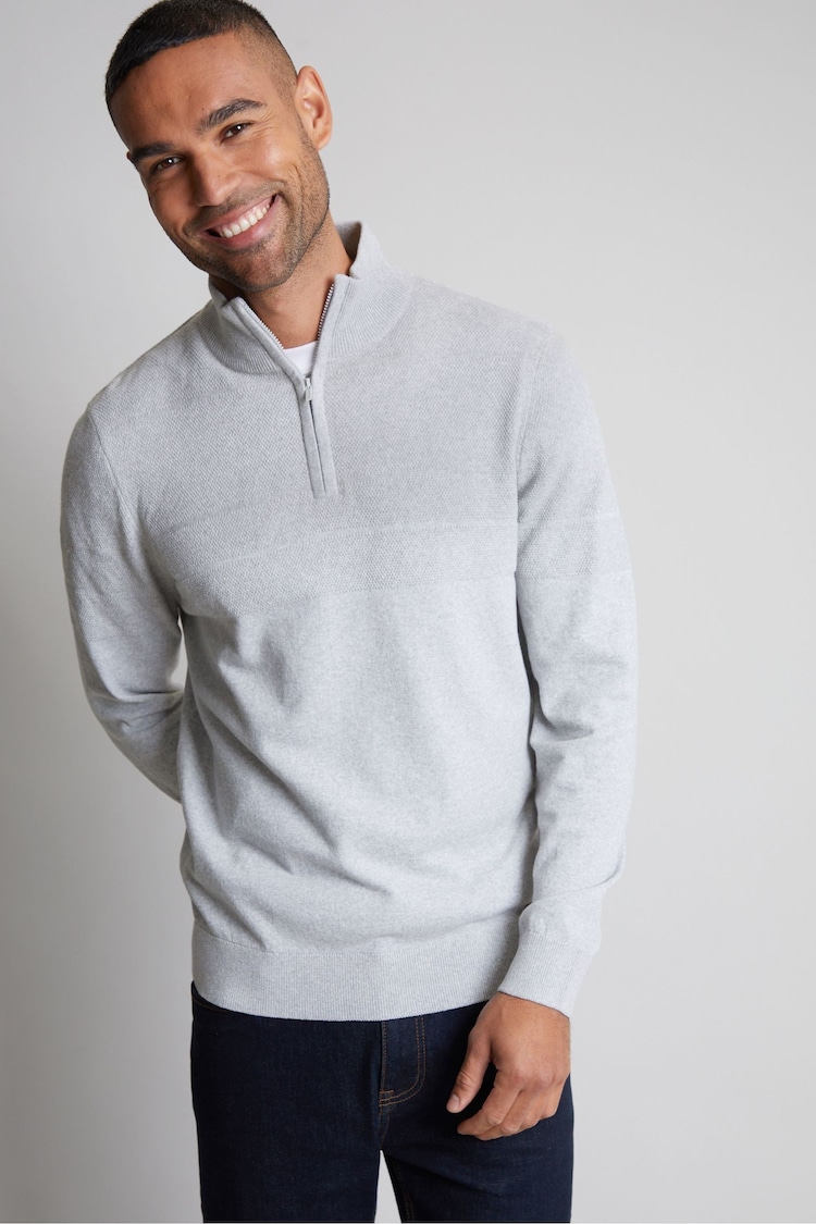 Threadbare Grey Textured Stripe Detail Quarter Zip Jumper - Image 1 of 3