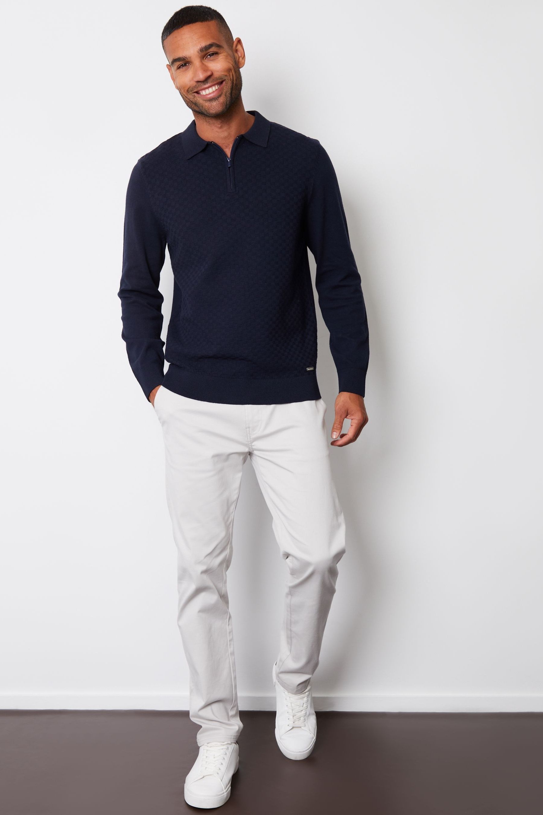 Threadbare Navy Long Sleeve Quarter Zip Knitted Polo Jumper X Large Mens