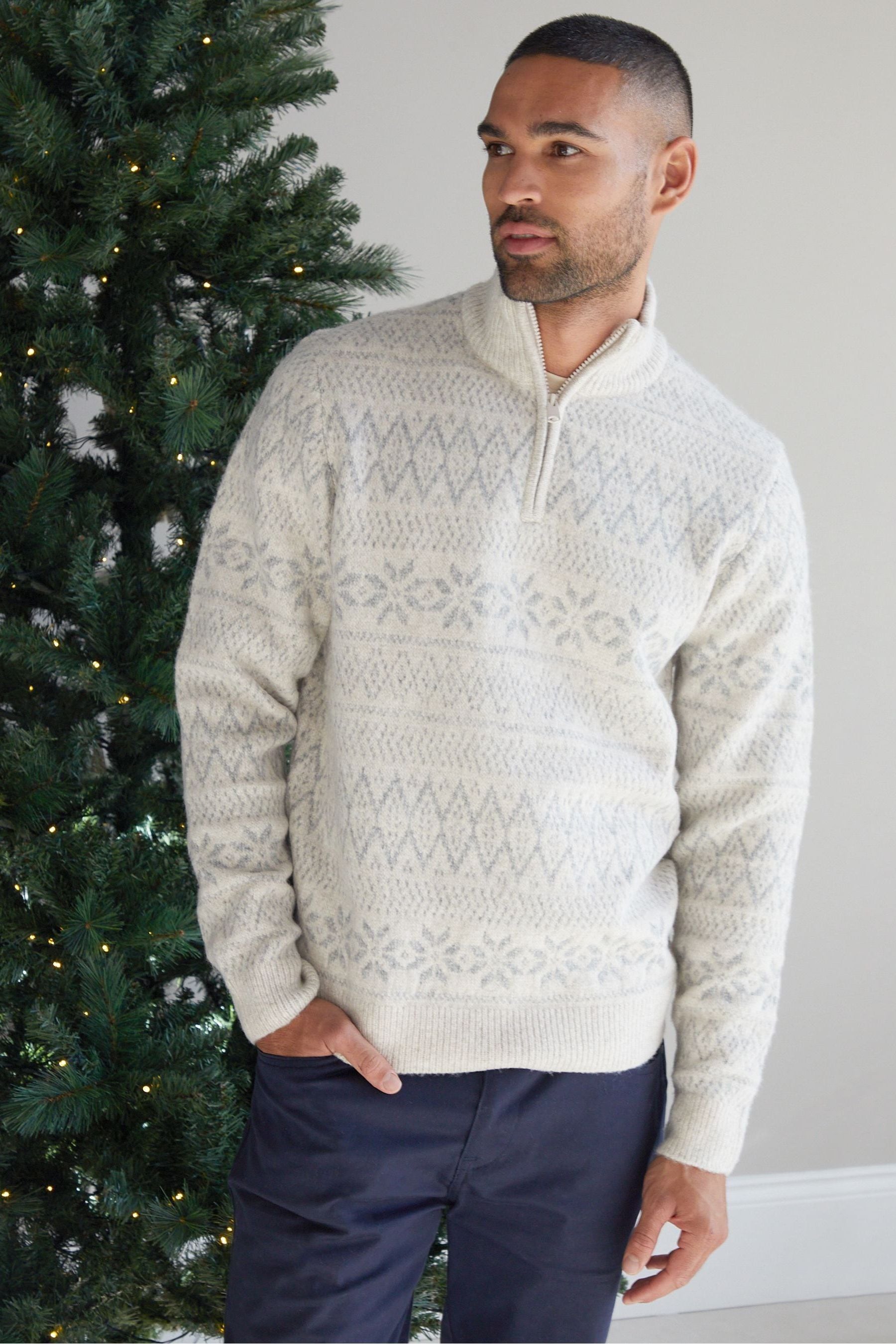 Buy Threadbare Grey Fairisle Pattern Quarter Zip Christmas Jumper from Next Ireland