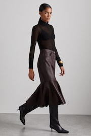 Reiss Burgundy Luella Atelier Leather Fluted Midi Skirt - Image 1 of 8