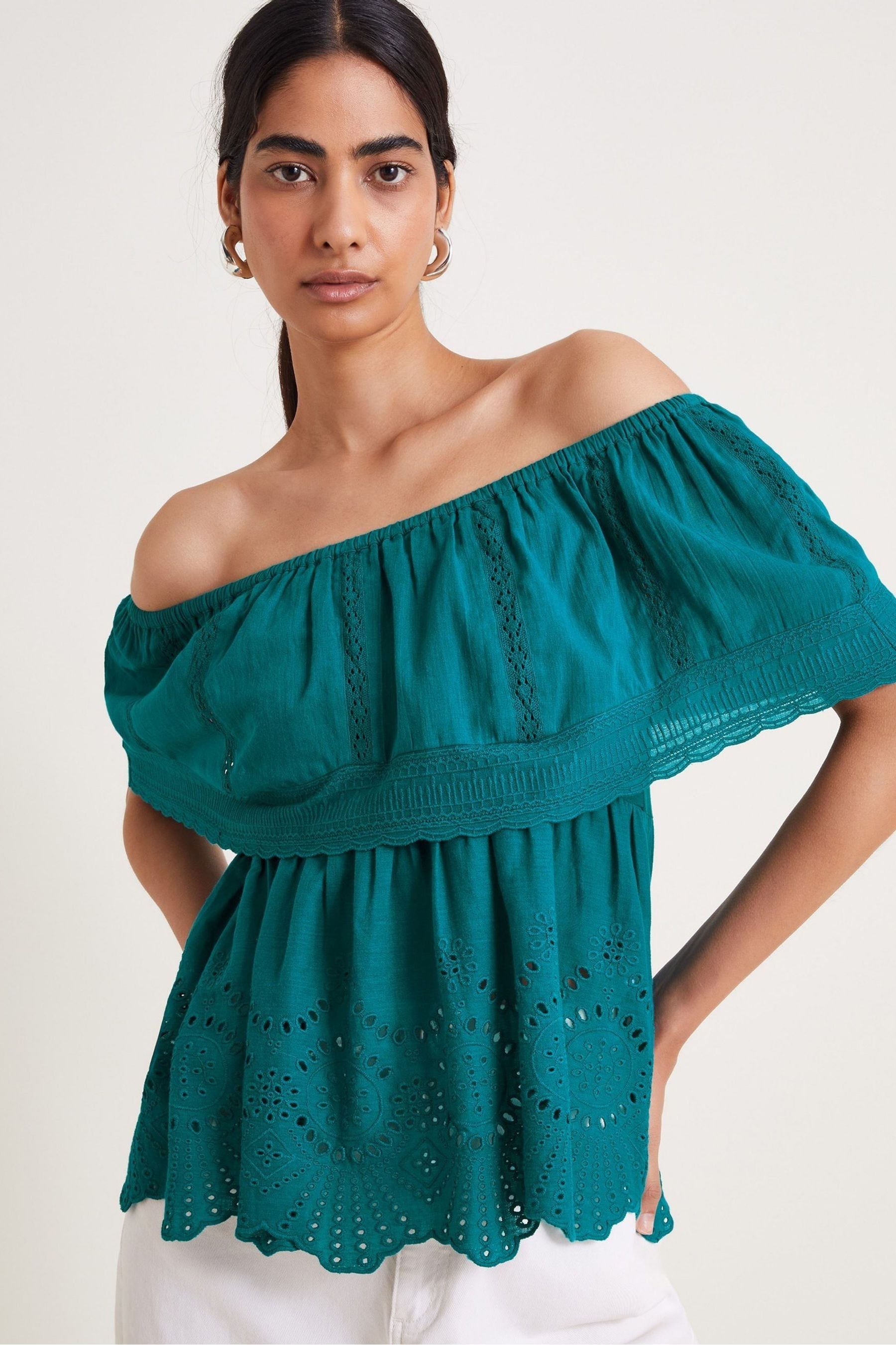 Buy Monsoon Blue Cleo Broderie Bardot Top from Next Luxembourg
