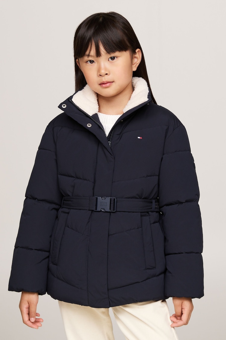 Tommy Hilfiger Teddy Collar Mid Length Puffer White Jacket - Image 1 of 5