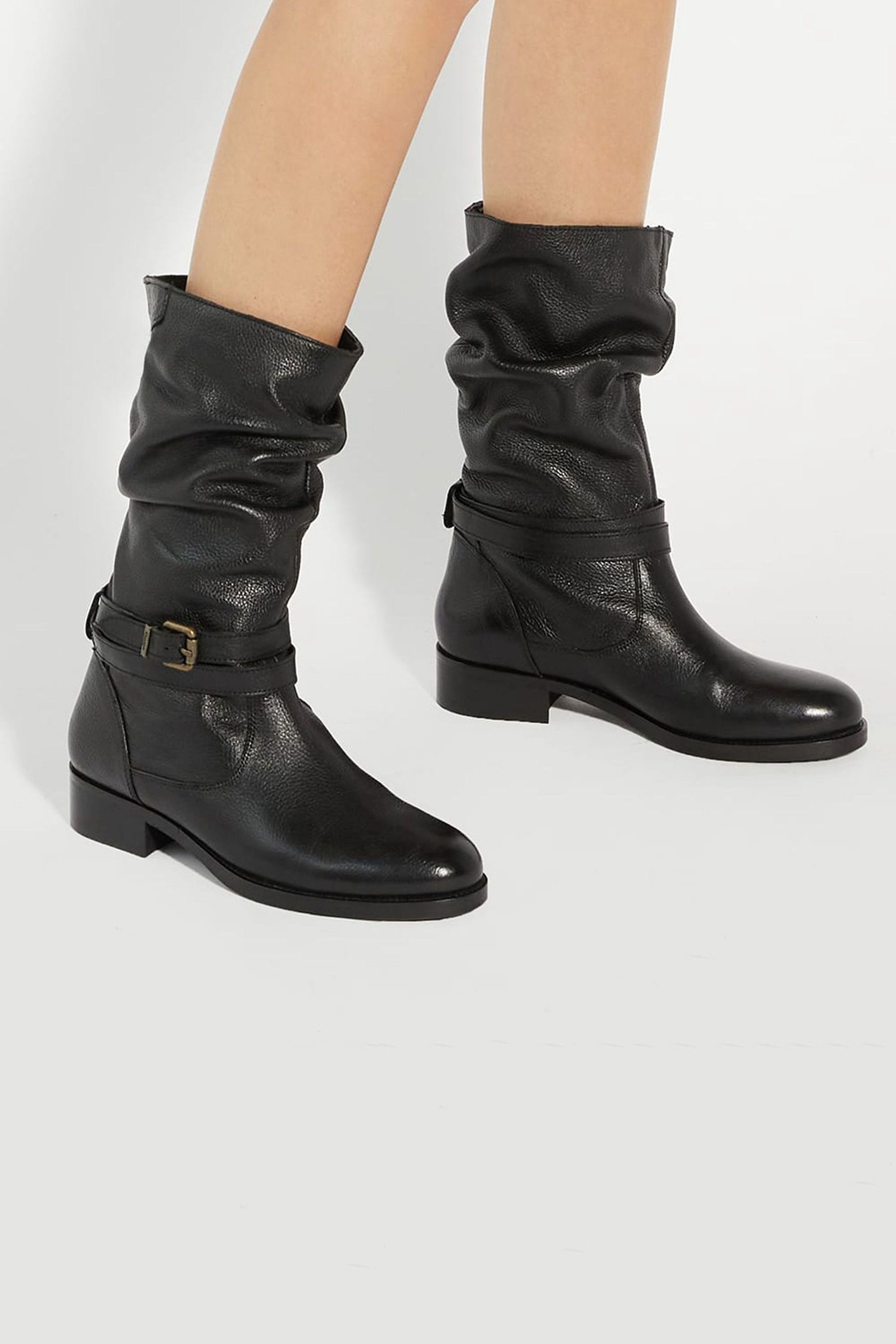 Black slouch calf length boots shop