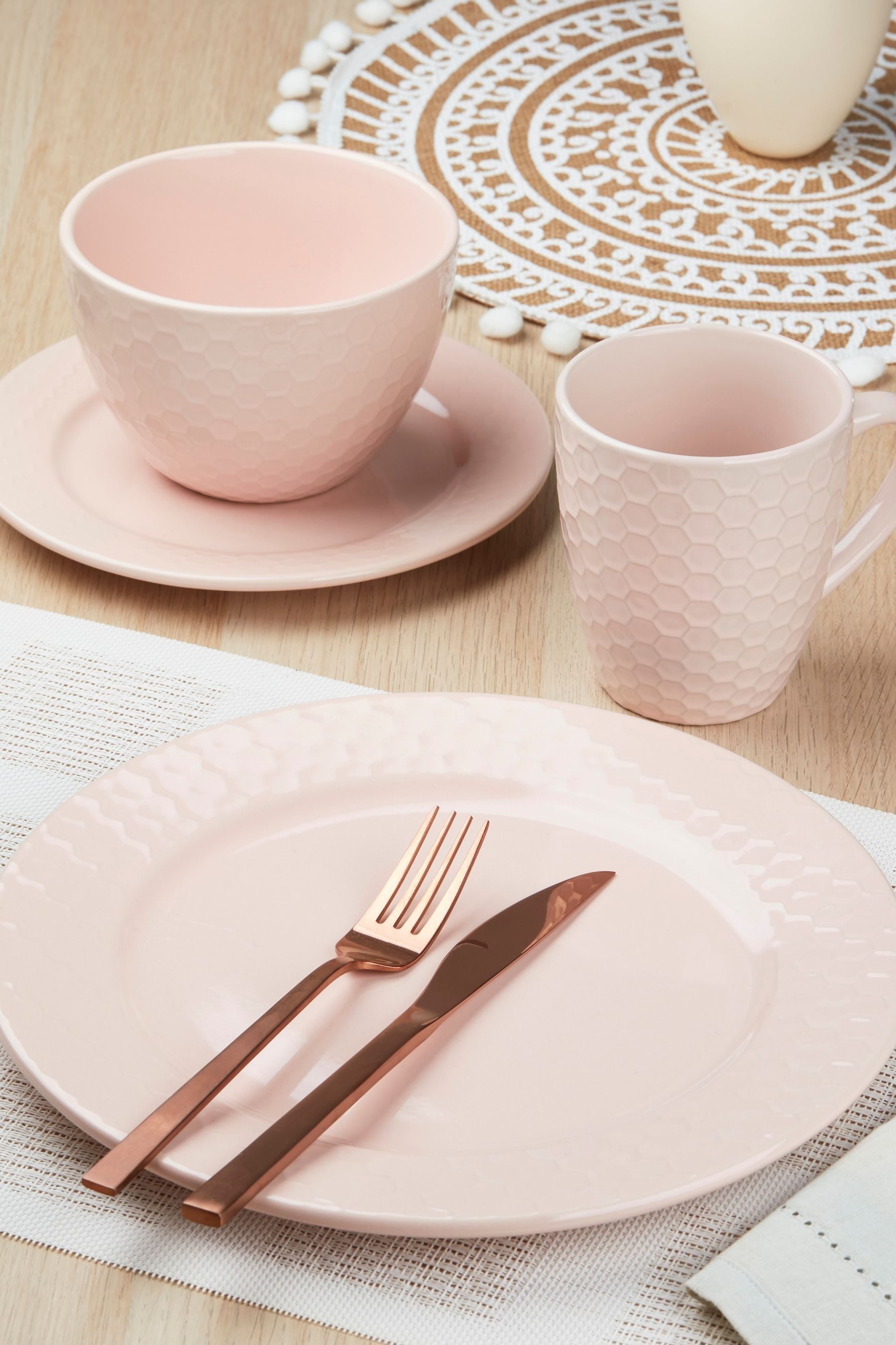 Buy Bread Butter 16 Piece Soft Pink Honeycomb Stoneware Dinner Set from the Next UK online shop